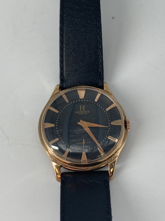 Vintage Hermès Paris Gold Plated Mens Watch Black Dial Leather Strap