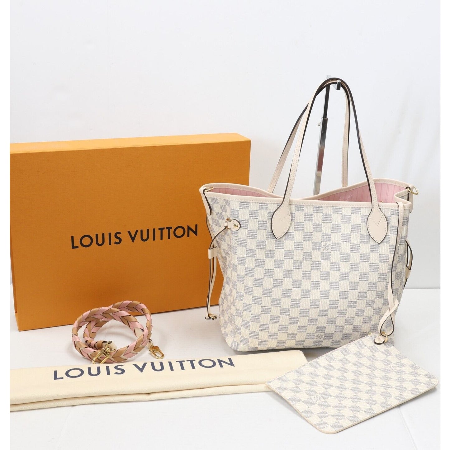 LOUIS VUITTON Damier Azur Braided Neverfull MM Pink New Box Rare LV-B1206P-A009