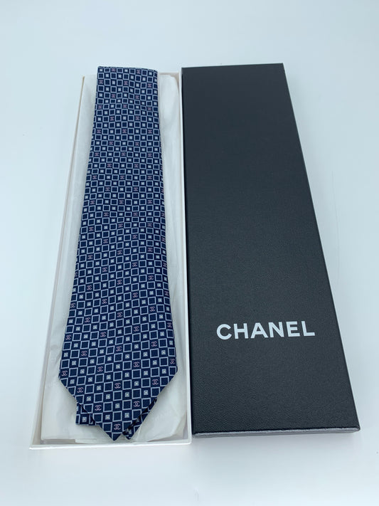 Chanel Navy Blue Silk Tie w/ CC Logo in Box - Like New