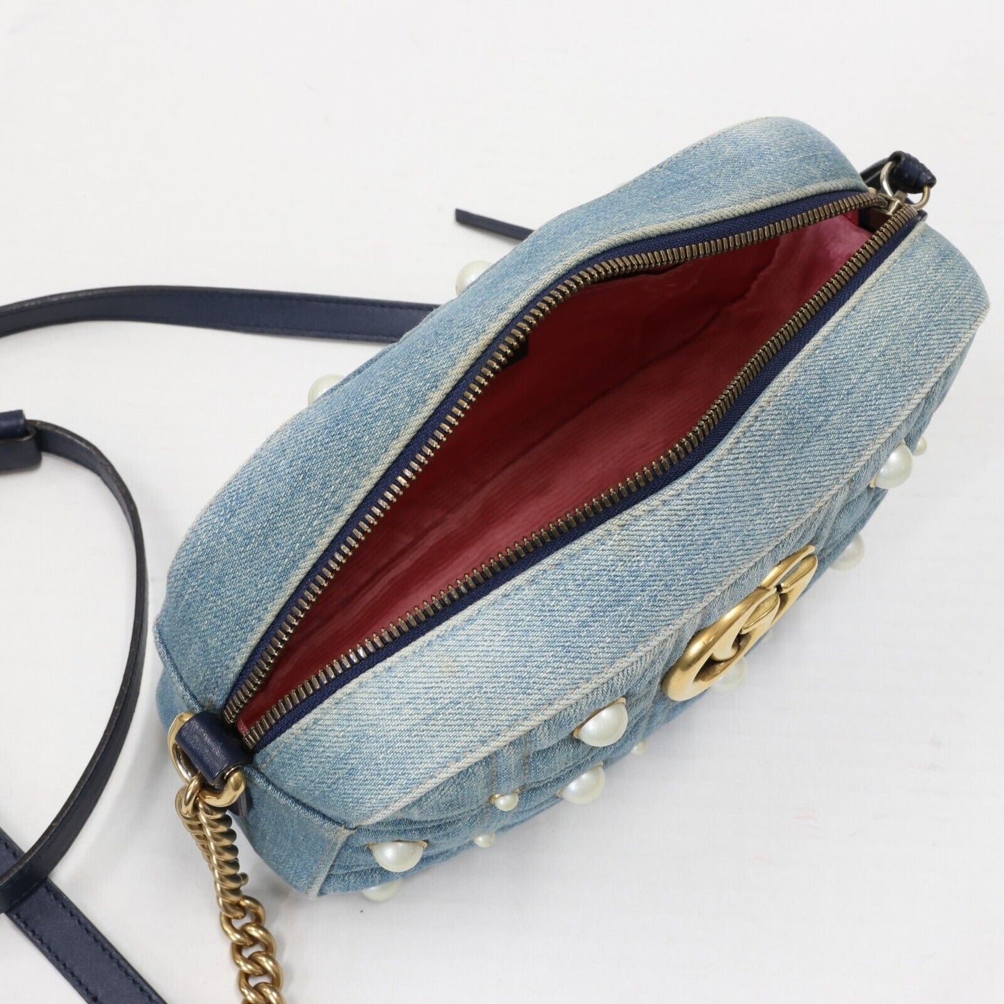 Gucci GG Denim Pearls Marmont Crossbody Bag GG-B1206P-A007