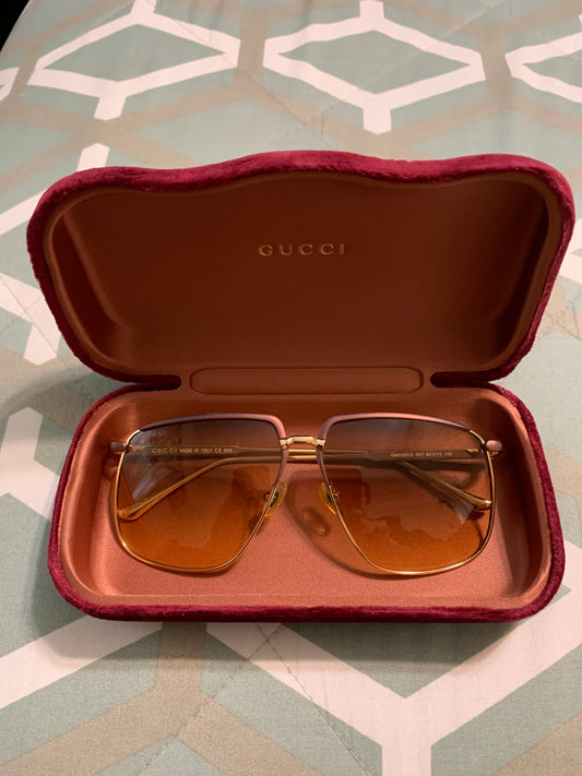 Gucci GG0385/S Aviator Sunglasses Gold Brown Lens Dark Purple Frame