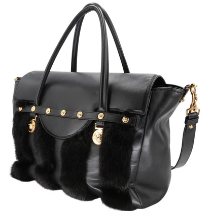 Versace Medusa Black Maison Leather Mink Fur Handbag VR-B0409P-C001