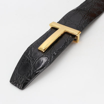 Tom Ford Black Crocodile Leather Belt Gold T Buckle