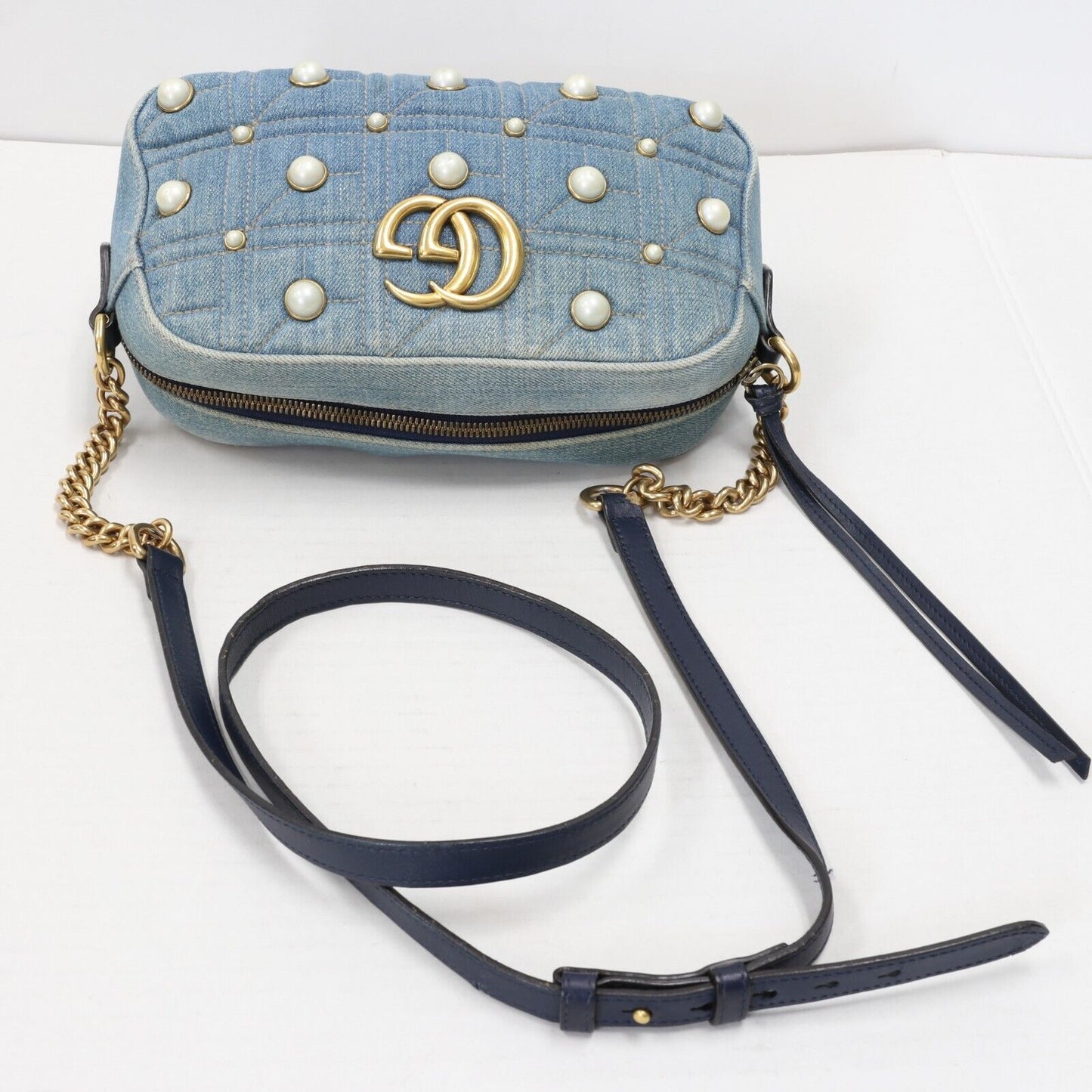 Gucci GG Denim Pearls Marmont Crossbody Bag GG-B1206P-A007