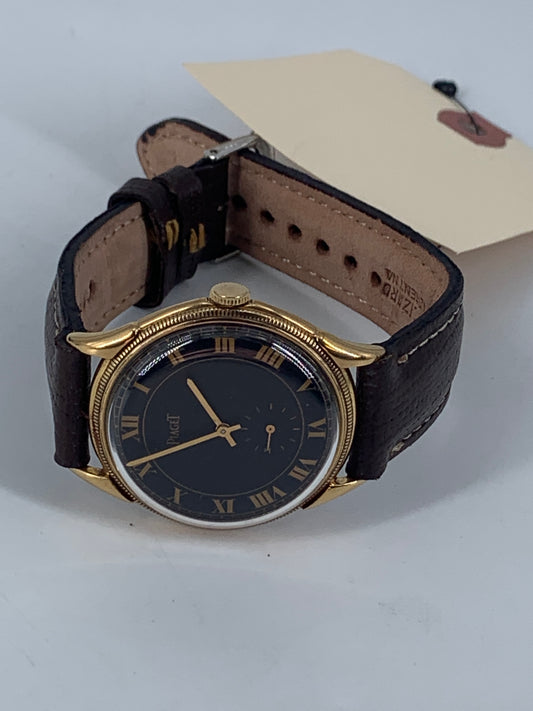 Piaget Vintage 18K Gold Mens Watch Black Dial Leather Strap