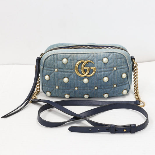 Gucci GG Denim Pearls Marmont Crossbody Bag GG-B1206P-A007