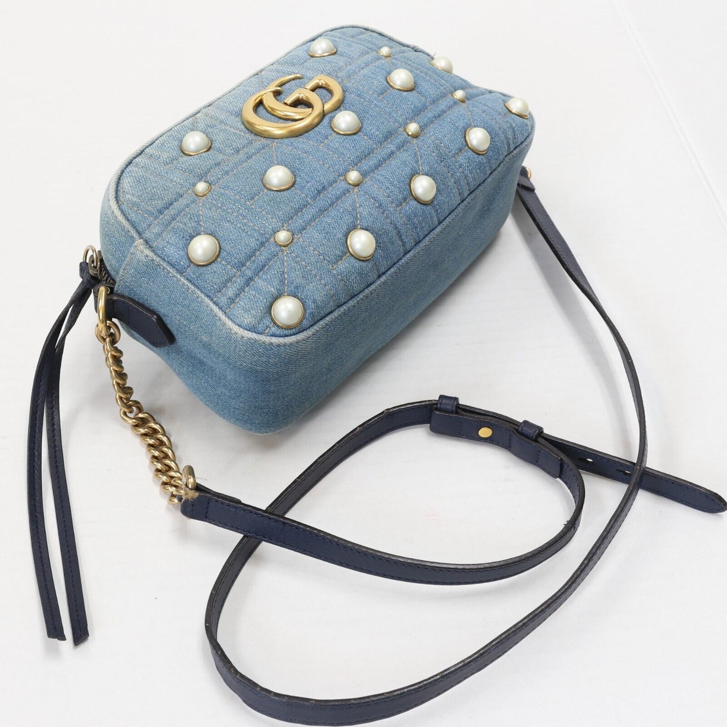 Gucci GG Denim Pearls Marmont Crossbody Bag GG-B1206P-A007