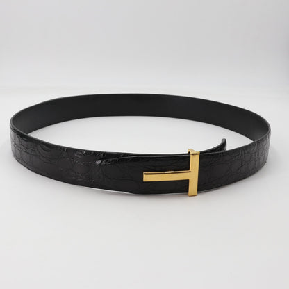 Tom Ford Black Crocodile Leather Belt Gold T Buckle