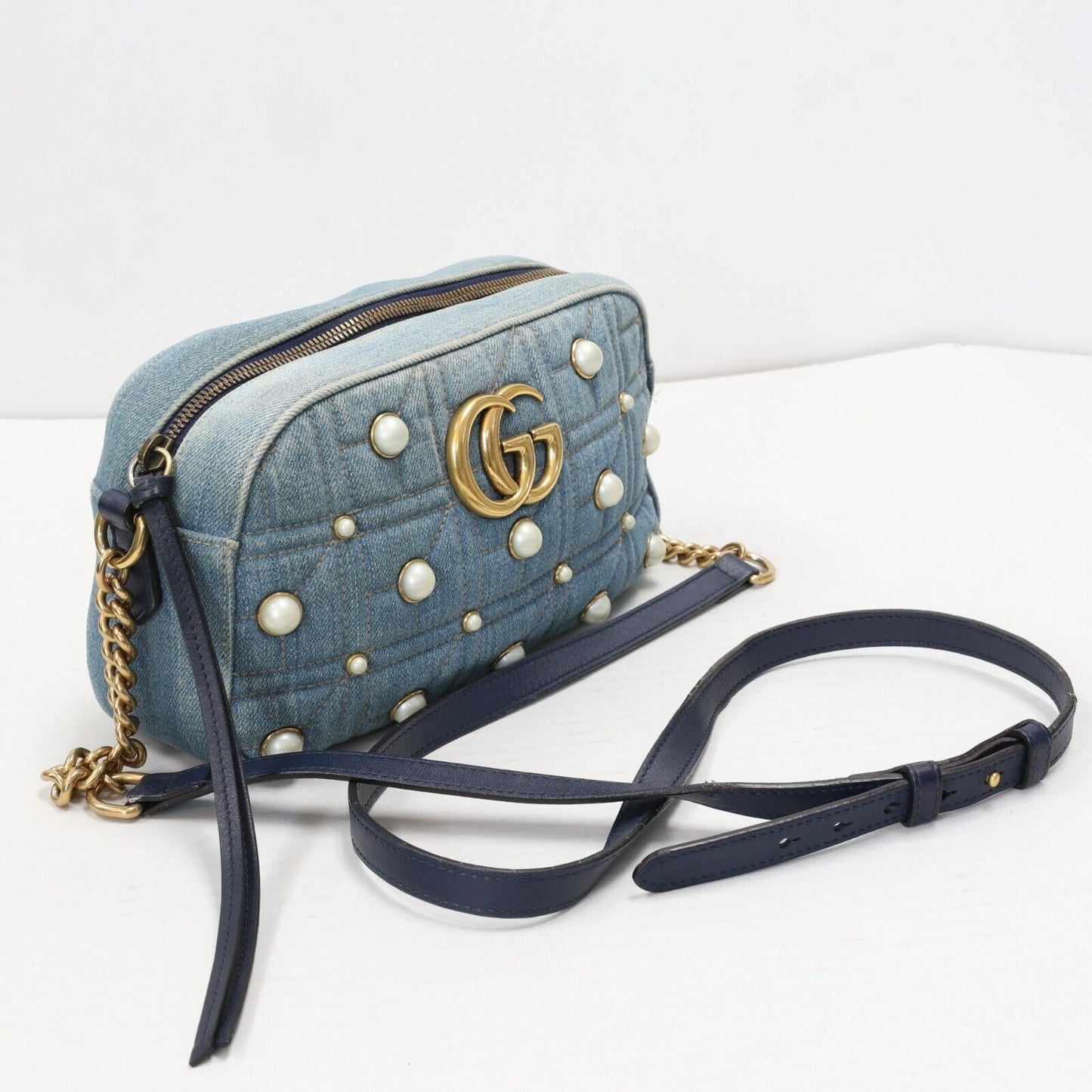 Gucci GG Denim Pearls Marmont Crossbody Bag GG-B1206P-A007