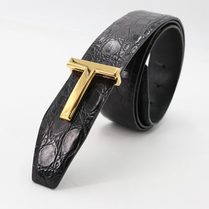 Tom Ford Black Crocodile Leather Belt Gold T Buckle