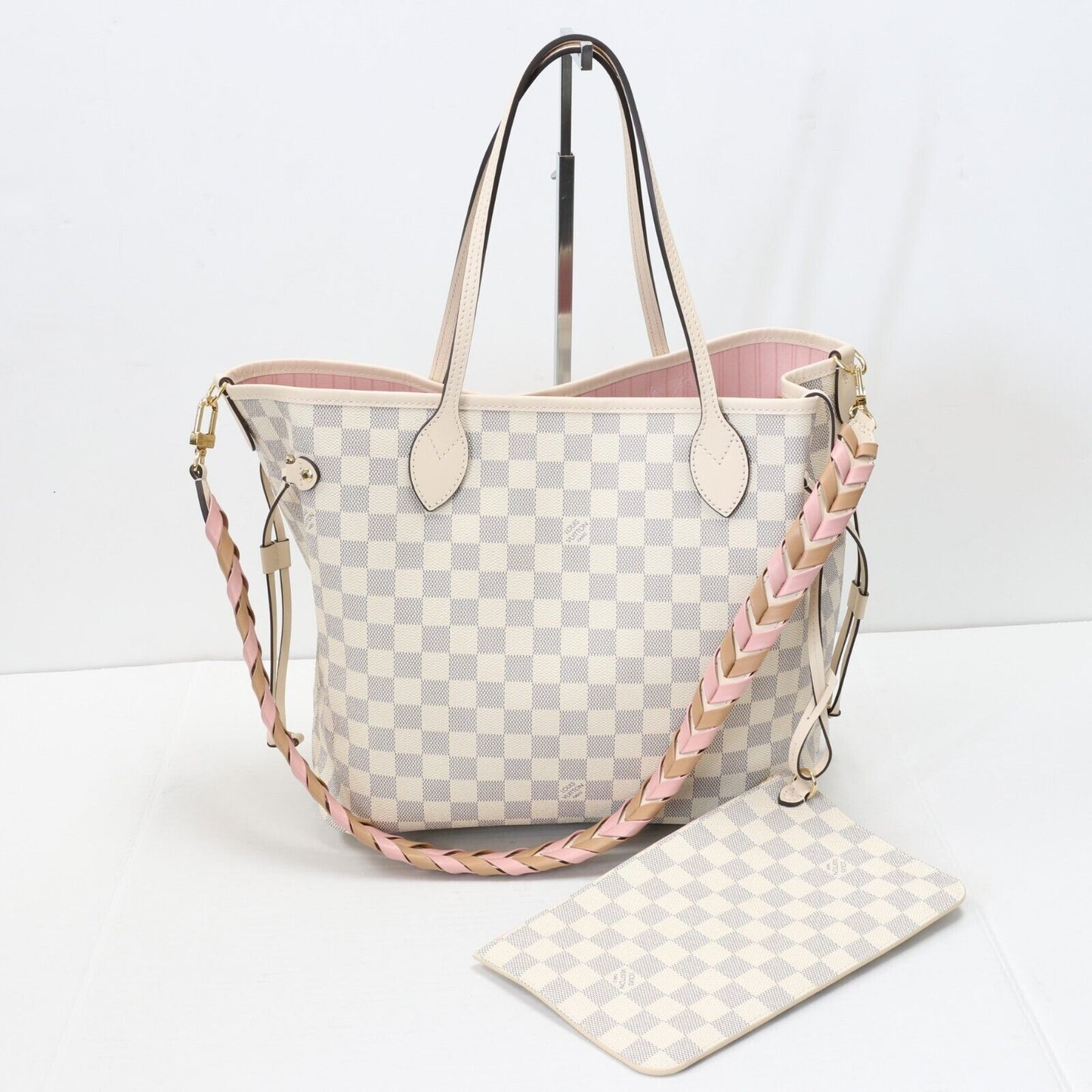 LOUIS VUITTON Damier Azur Braided Neverfull MM Pink New Box Rare LV-B1206P-A009