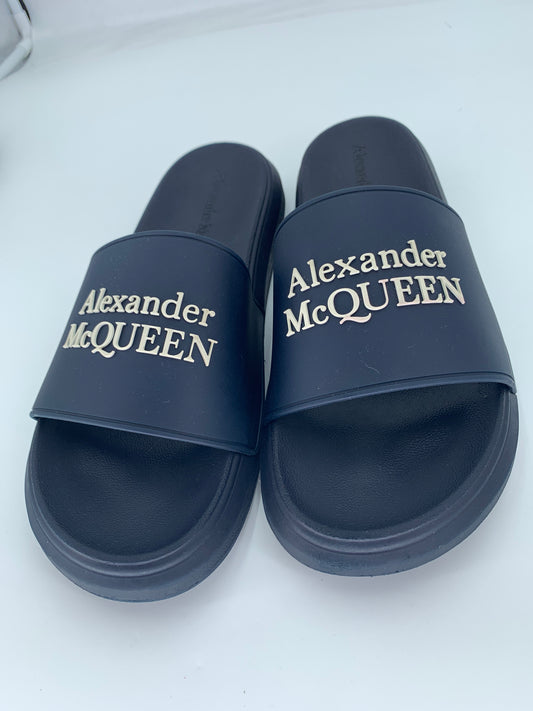 Alexander McQueen Navy Blue Logo Pool Slides Sandals Like New
